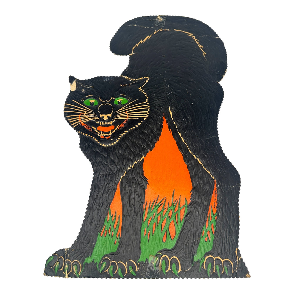 Vintage Halloween Beistle 1930s Arched-Back Black Cat Scalloped Edges Die Cut at Eerie Emporium.
