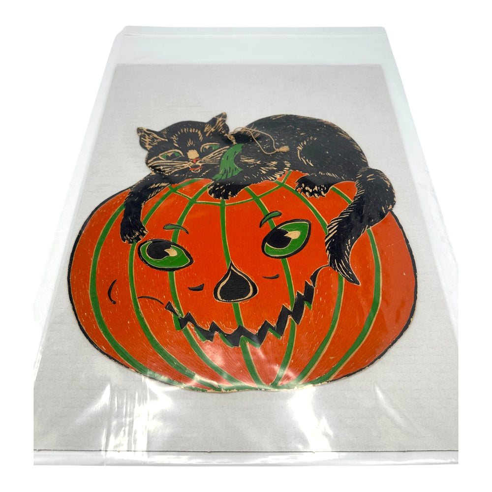Vintage Halloween Beistle 1930s Black Cat Atop Jack-O'-Lantern Die Cut ~ Heavily Embossed at Eerie Emporium. 12