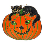 Vintage Halloween Beistle 1930s Black Cat Atop Jack-O'-Lantern Die Cut ~ Heavily Embossed at Eerie Emporium. 2
