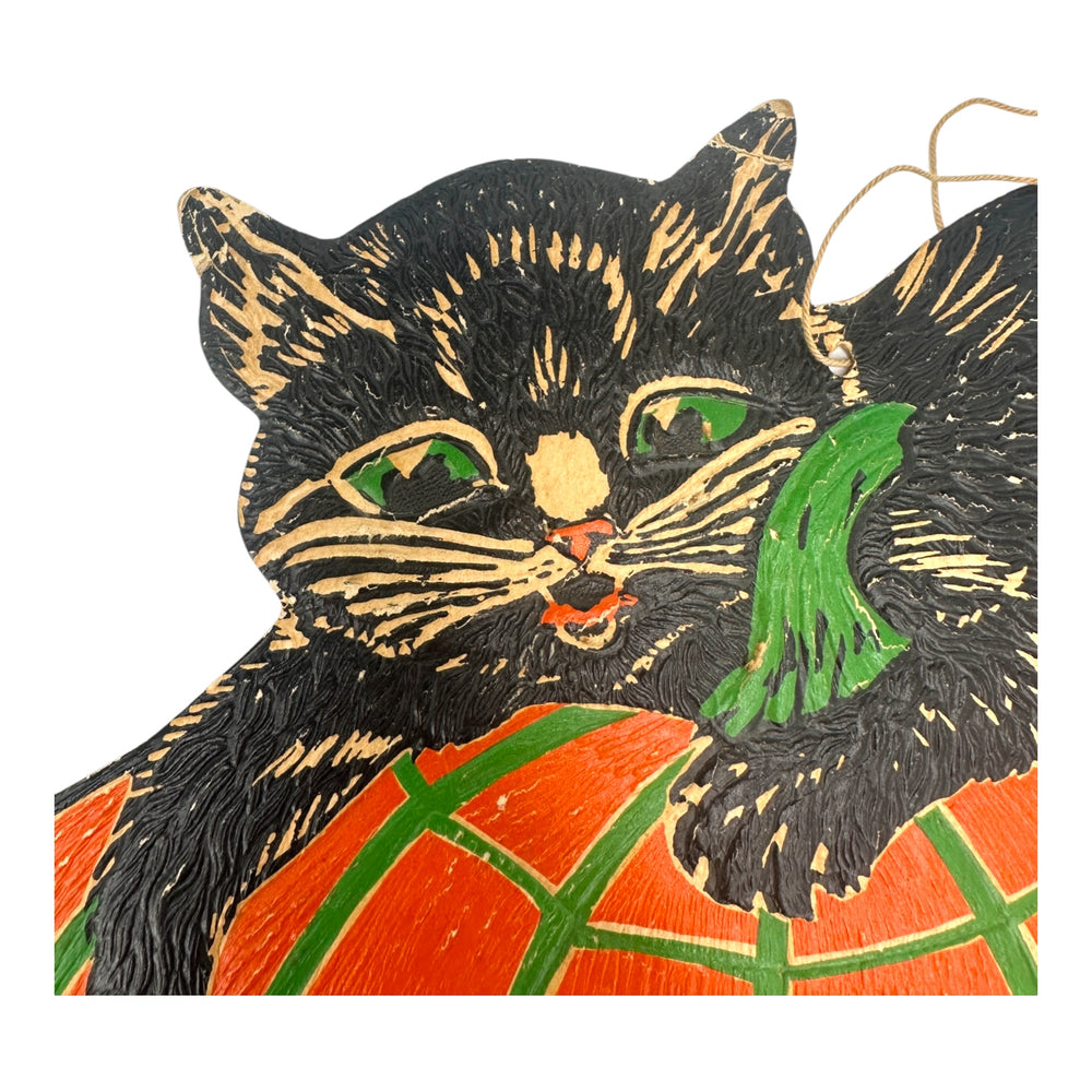 Vintage Halloween Beistle 1930s Black Cat Atop Jack-O'-Lantern Die Cut ~ Heavily Embossed at Eerie Emporium. 6