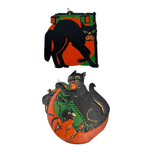 Vintage Halloween Beistle 1930s Black Cat Die Cuts Set of 2 ~ Moon + Mice and Lanterns at Eerie Emporium.