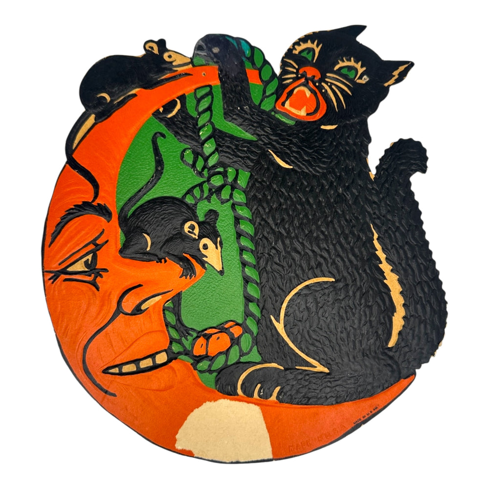 Vintage Halloween Beistle 1930s Black Cat On Moon with Mice and Rope Die Cut at Eerie Emporium.