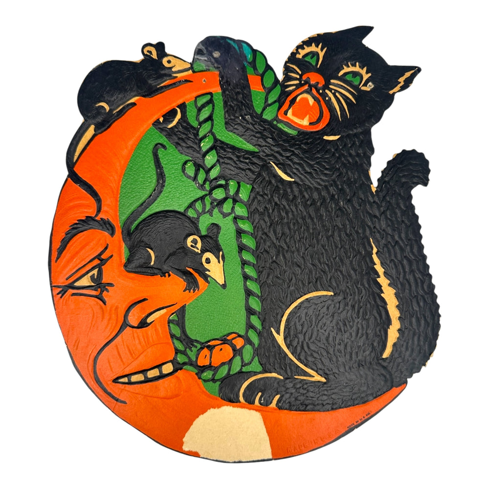Vintage Halloween Beistle 1930s Black Cat On Moon with Mice and Rope Die Cut at Eerie Emporium. 2