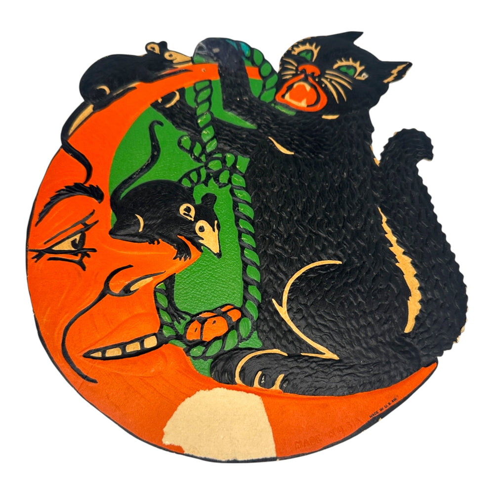 Vintage Halloween Beistle 1930s Black Cat On Moon with Mice and Rope Die Cut at Eerie Emporium. 3