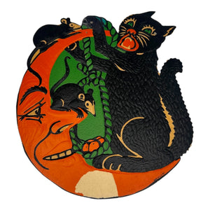 Vintage Halloween Beistle 1930s Black Cat On Moon with Mice and Rope Die Cut at Eerie Emporium. 4