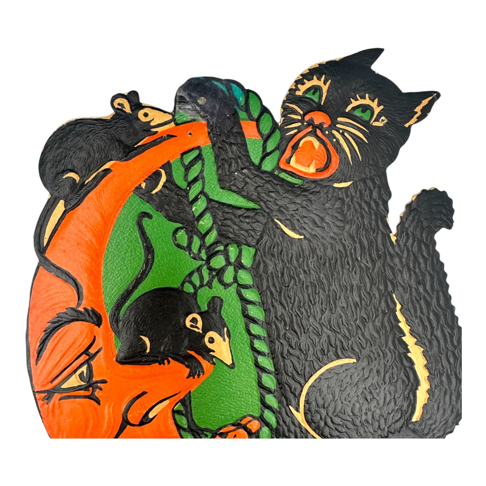 Vintage Halloween Beistle 1930s Black Cat On Moon with Mice and Rope Die Cut at Eerie Emporium. 5