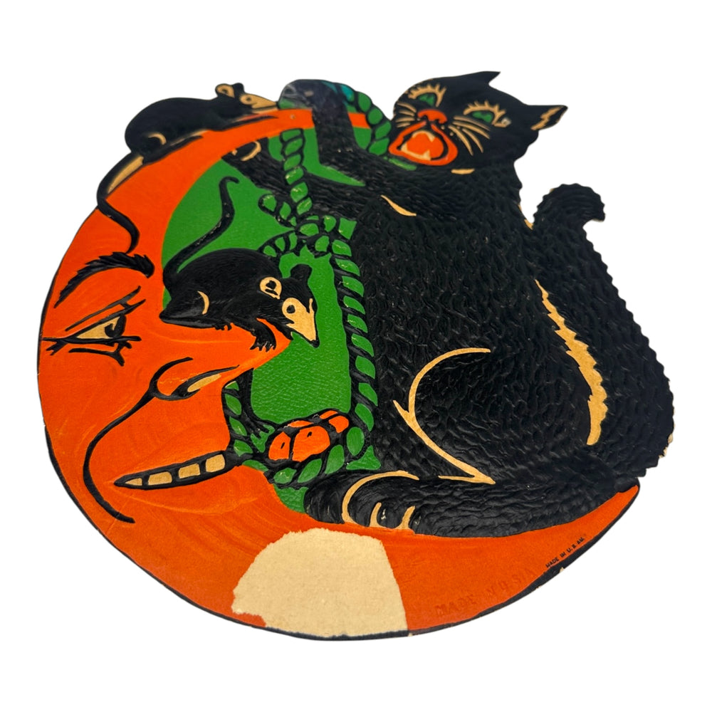 Vintage Halloween Beistle 1930s Black Cat On Moon with Mice and Rope Die Cut at Eerie Emporium. 6