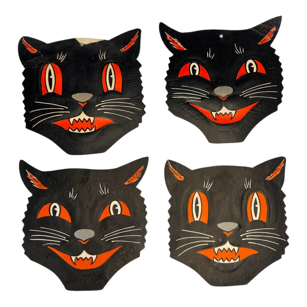 Vintage Halloween Beistle Black Cat Face Die Cuts with Whiskers Set of 4 ~ 1950s / 1960s.