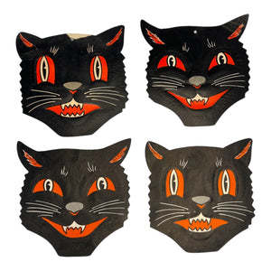 Vintage Halloween Beistle Black Cat Face Die Cuts with Whiskers Set of 4 ~ 1950s / 1960s.