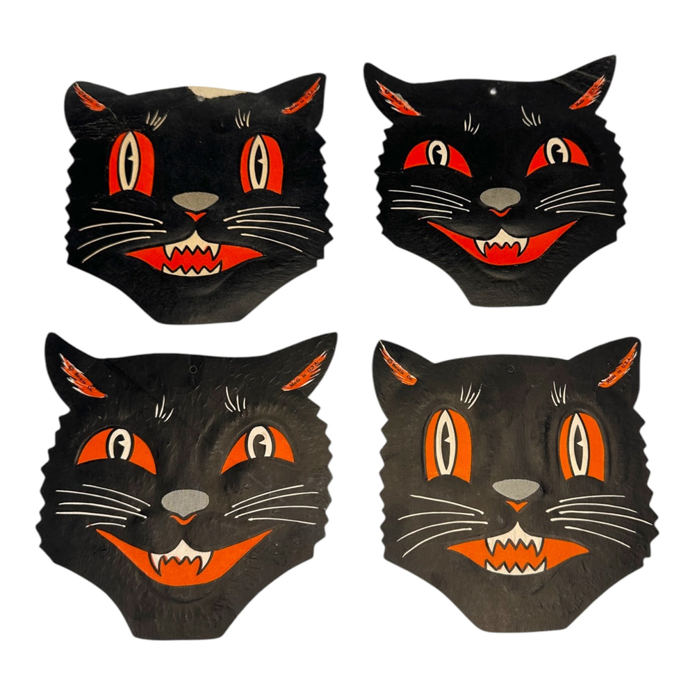 Vintage Halloween Beistle Black Cat Face Die Cuts with Whiskers Set of 4 ~ 1950s / 1960s. 4