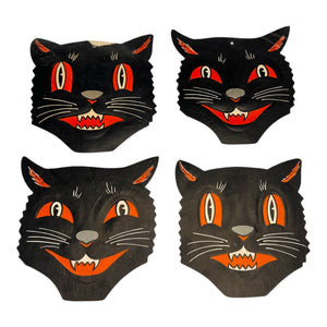 Vintage Halloween Beistle Black Cat Face Die Cuts with Whiskers Set of 4 ~ 1950s / 1960s. 4
