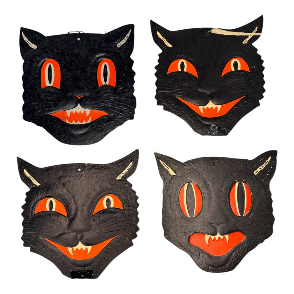 Vintage Halloween Beistle H.E. Luhrs Black Cat Face Die Cuts Set of 4 Embossed. 