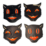 Vintage Halloween Beistle H.E. Luhrs Black Cat Face Die Cuts Set of 4 Embossed. 