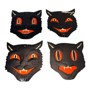 Vintage Halloween Beistle H.E. Luhrs Black Cat Face Die Cuts Set of 4 Embossed. 2