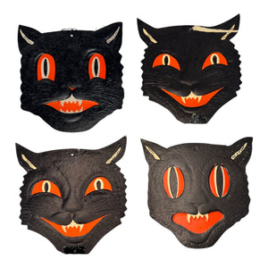 Vintage Halloween Beistle H.E. Luhrs Black Cat Face Die Cuts Set of 4 Embossed. 