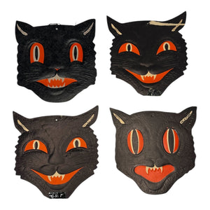 Vintage Halloween Beistle H.E. Luhrs Black Cat Face Die Cuts Set of 4 Embossed. 3