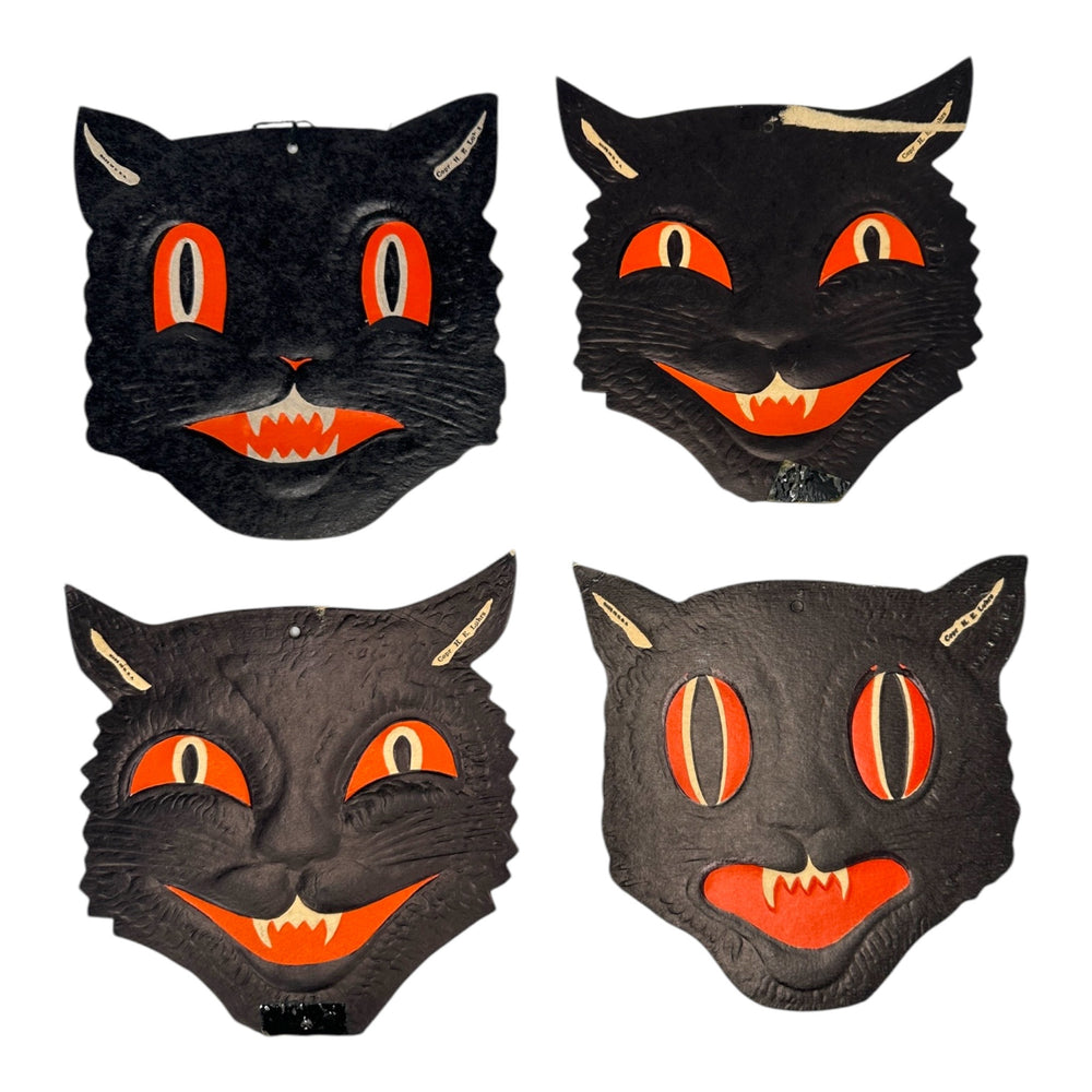 Vintage Halloween Beistle H.E. Luhrs Black Cat Face Die Cuts Set of 4 Embossed. 4