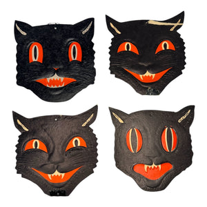Vintage Halloween Beistle H.E. Luhrs Black Cat Face Die Cuts Set of 4 Embossed. 4