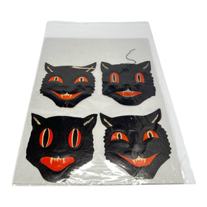 Vintage Halloween Beistle H.E. Luhrs Black Cat Face Die Cuts Set of 4 Embossed. 7