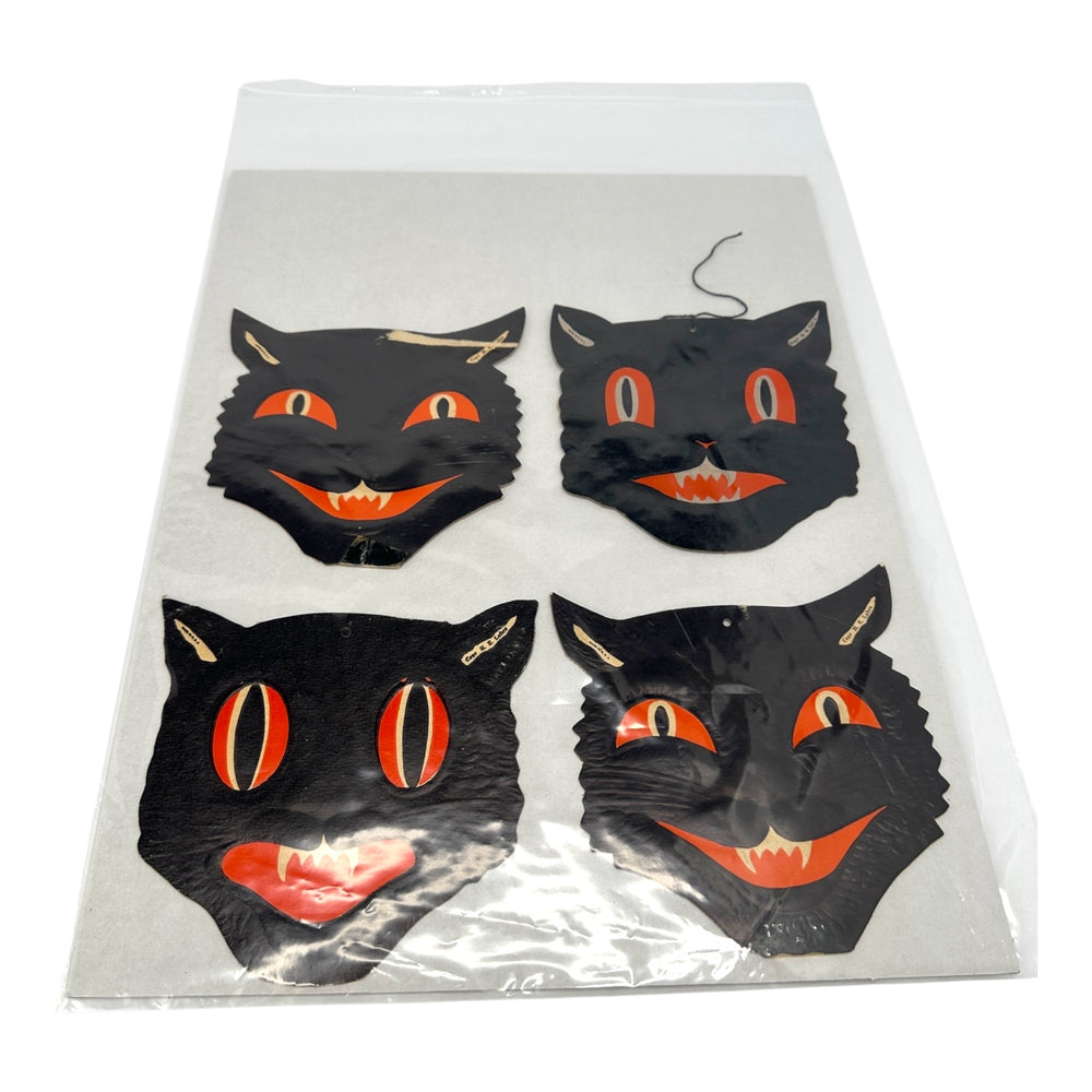 Vintage Halloween Beistle H.E. Luhrs Black Cat Face Die Cuts Set of 4 Embossed. 8