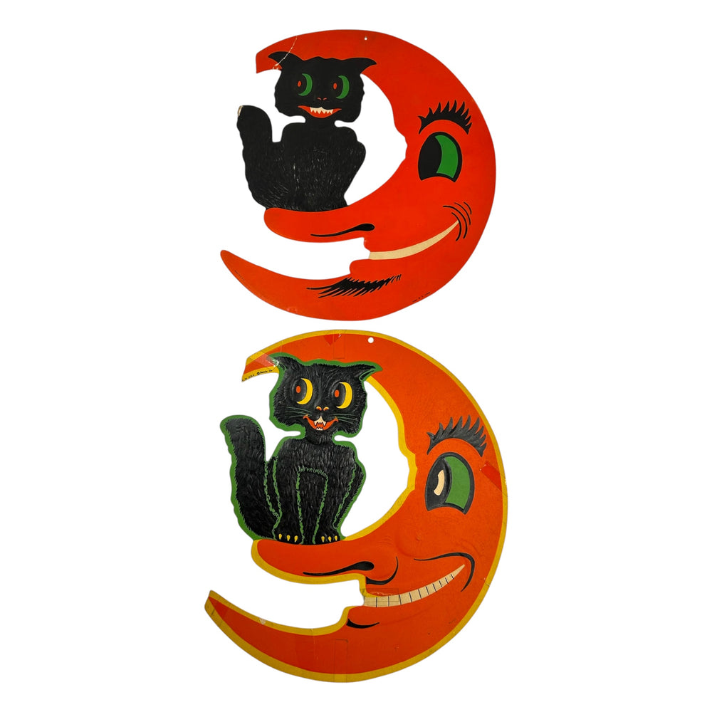 Vintage Halloween Beistle/H.E. Luhrs Embossed Pair Black Cat On Smiling Moon Die Cuts at Eerie Emporium. 4