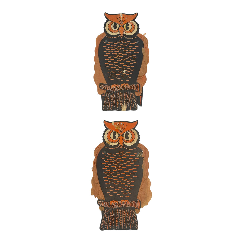 Vintage Halloween Beistle Pair of Jointed Owl Decorations Honeycomb 1950s at Eerie Emporium.