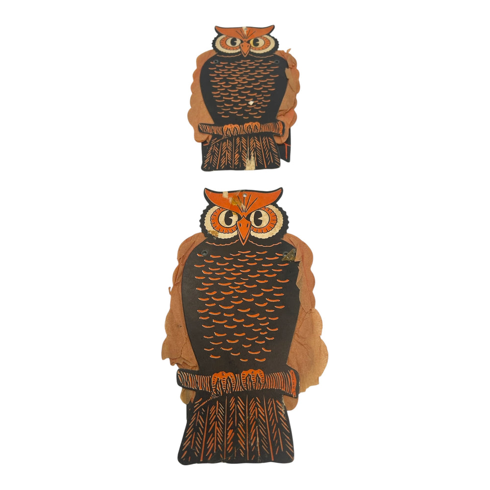 Vintage Halloween Beistle Pair of Jointed Owl Decorations Honeycomb 1950s at Eerie Emporium. 3
