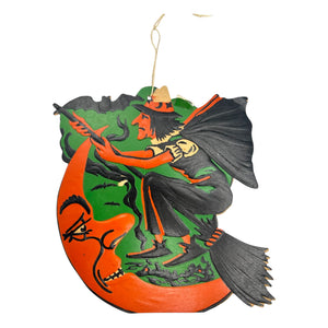 Vintage Halloween Beistle Witch on Broom with Moon and Bat Die Cut ~ 1930s/1940s at Eerie Emporium. 2