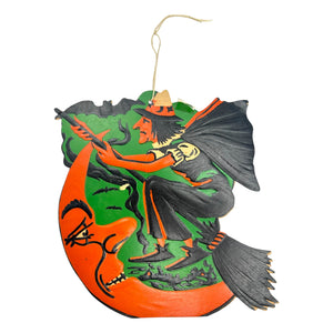 Vintage Halloween Beistle Witch on Broom with Moon and Bat Die Cut ~ 1930s/1940s at Eerie Emporium.