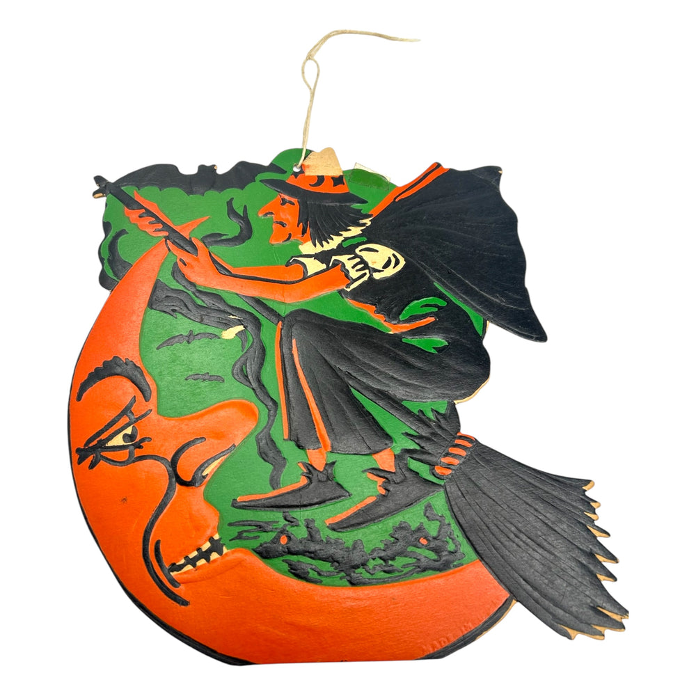 Vintage Halloween Beistle Witch on Broom with Moon and Bat Die Cut ~ 1930s/1940s at Eerie Emporium. 3