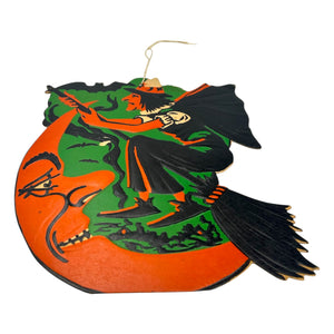 Vintage Halloween Beistle Witch on Broom with Moon and Bat Die Cut ~ 1930s/1940s at Eerie Emporium. 4