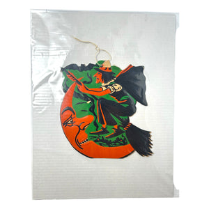 Vintage Halloween Beistle Witch on Broom with Moon and Bat Die Cut ~ 1930s/1940s at Eerie Emporium. 6