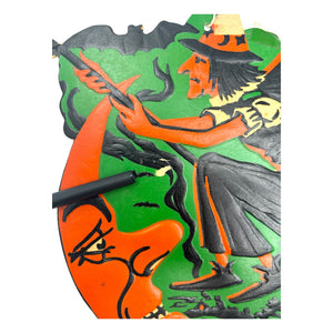 Vintage Halloween Beistle Witch on Broom with Moon and Bat Die Cut ~ 1930s/1940s at Eerie Emporium. 8