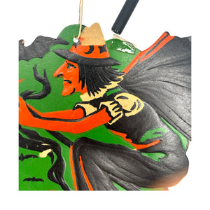 Vintage Halloween Beistle Witch on Broom with Moon and Bat Die Cut ~ 1930s/1940s at Eerie Emporium. 9