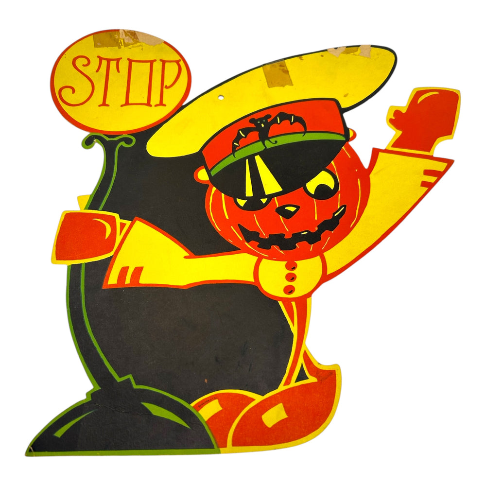 Vintage Halloween Dennison Jack-O'-Lantern Headed Traffic Officer Diecut 1930s at Eerie Emporium. 3