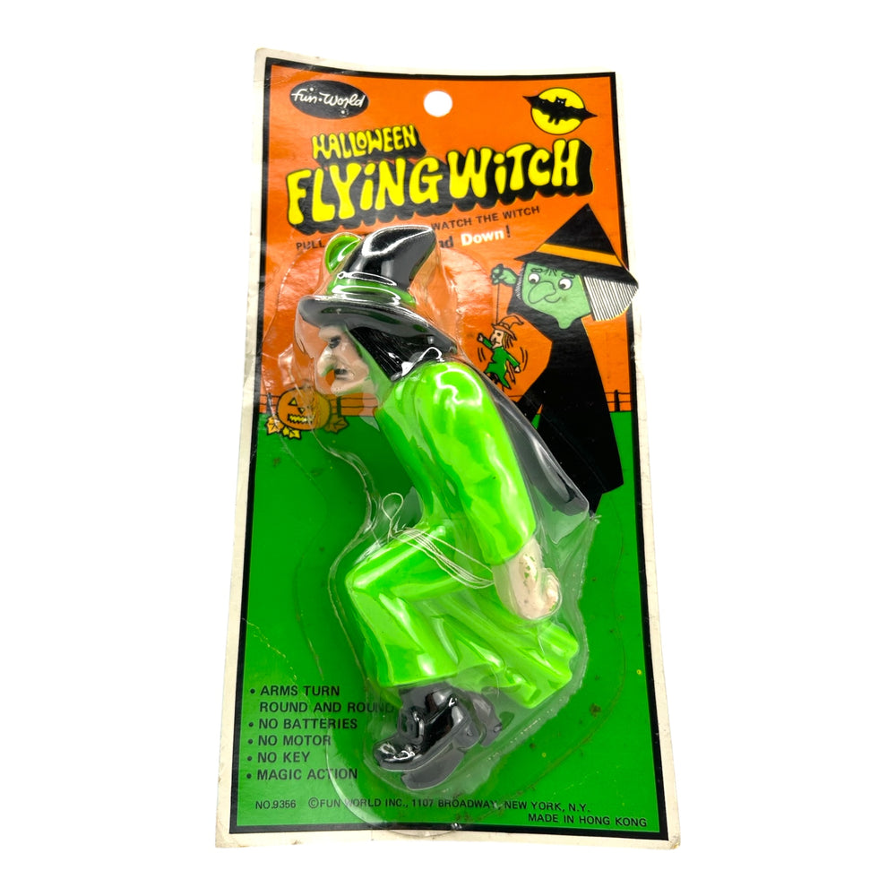 Vintage Halloween Fun World Flying Witch Toy Green 1960s ~ Org. Packaging Factory Sealed at Eerie Emporium. 