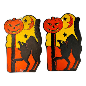 Vintage Halloween H.E. Luhrs Beistle Black Cat with JOL Die Cut ~ 1940s/1950s Set of 2 at Eerie Emporium.