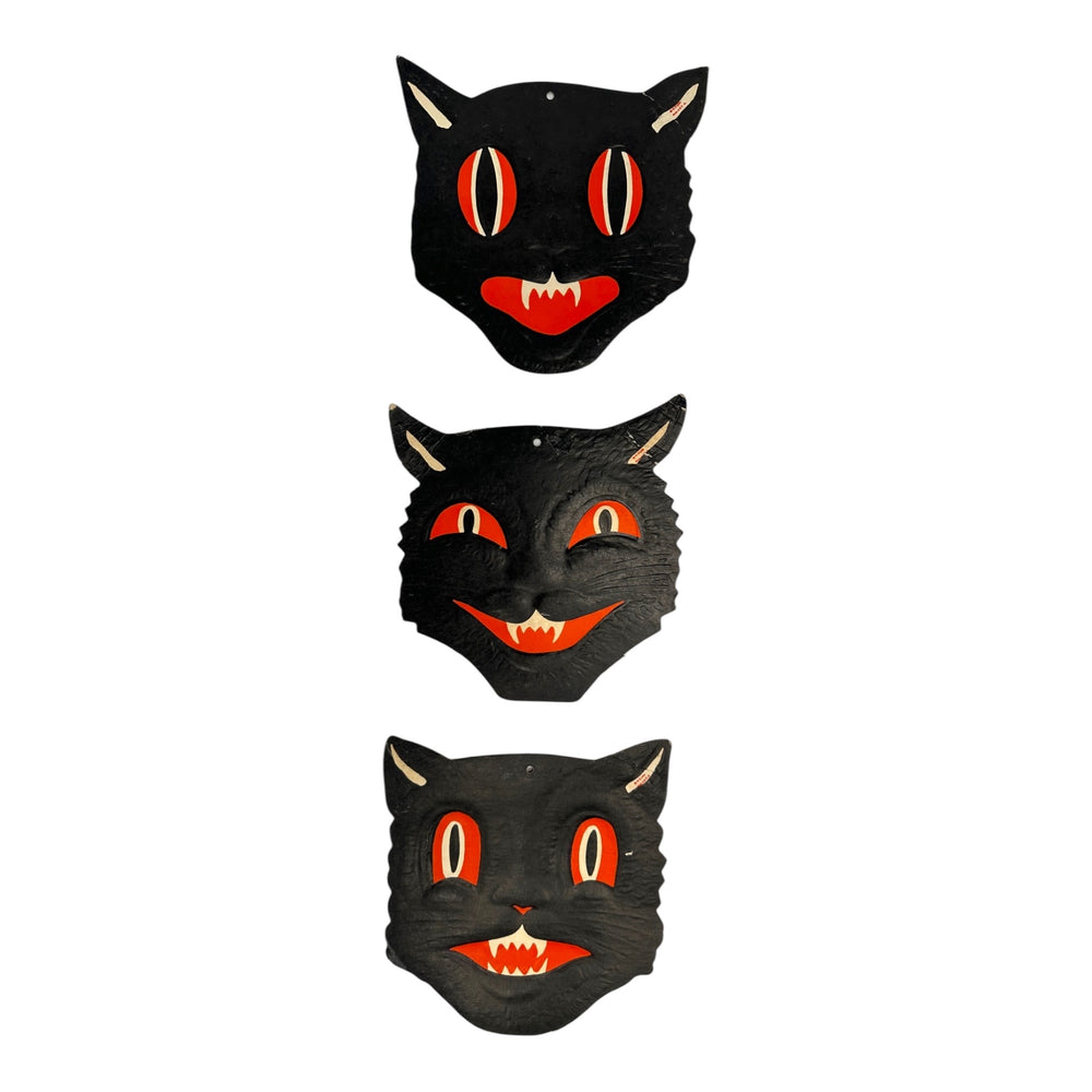 Vintage Halloween H.E. Luhrs Black Cat Face Die Cuts Set of 3 ~ 1940s / 1950s.