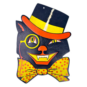 Vintage Halloween H.E. Luhrs Black Cat in Hat with Monocle Diecut ~ 1940s/1950s at Eerie Emporium.