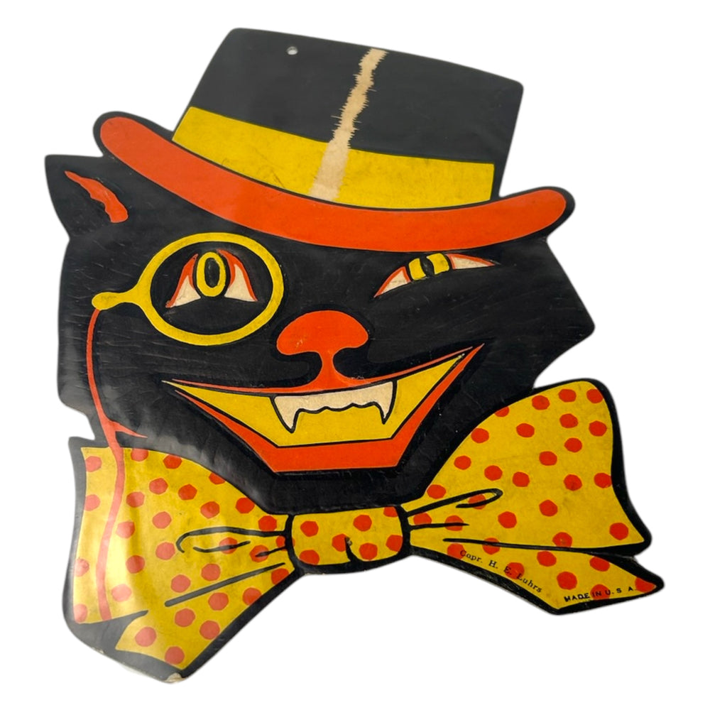 Vintage Halloween H.E. Luhrs Black Cat in Hat with Monocle Diecut ~ 1940s/1950s at Eerie Emporium. 4