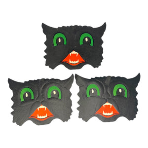 Vintage Halloween HE Luhrs Beistle Black Cat Face Embossed Die Cuts ~ Set of 3 at Eerie Emporium. 2