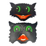 Vintage Halloween HE Luhrs Beistle Black Cat Face Embossed Die Cuts ~ Set of two Different Faces at Eerie Emporium.