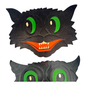 Vintage Halloween HE Luhrs Beistle Black Cat Face Embossed Die Cuts ~ Set of two Different Faces at Eerie Emporium. 5