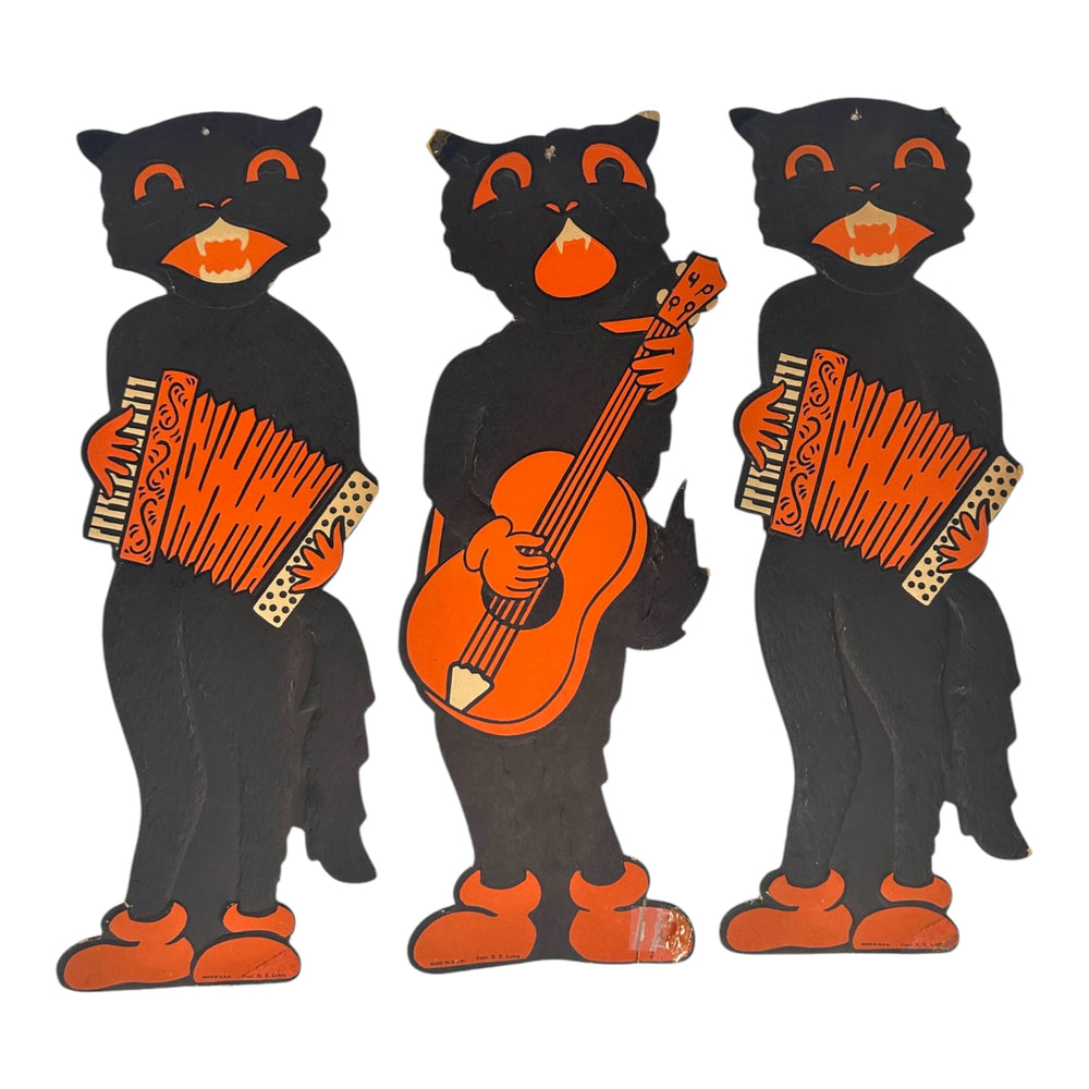 Vintage Halloween HE Luhrs Beistle Large Black Cat Band Member Die Cuts ~ Set of 3 at Eerie Emporium.