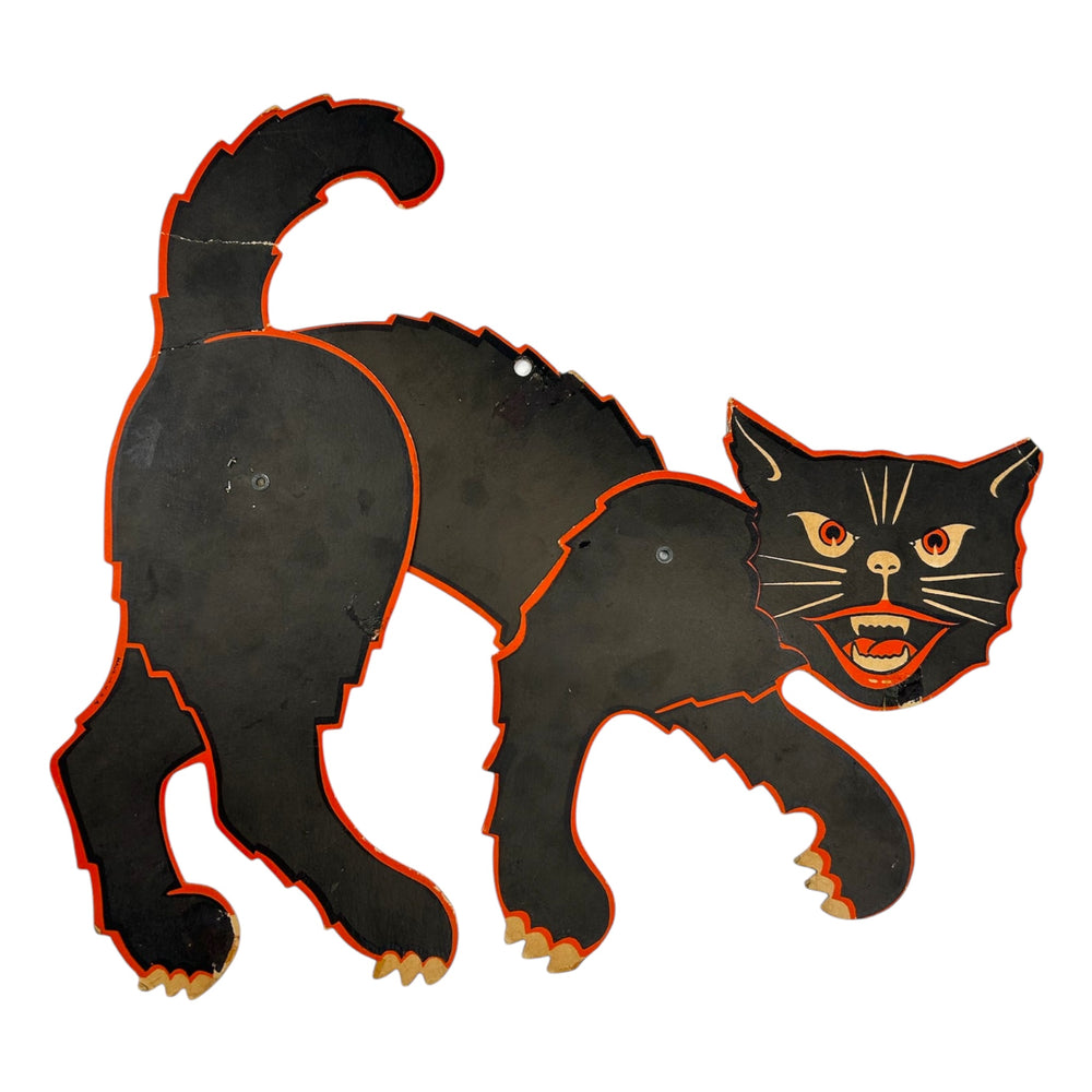 Vintage Halloween Jointed Scratch Black Cat with Orange Border Die Cut ~ 1960s at Eerie Emporium. 2