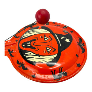 Vintage Halloween Kirchof Tin Pan Clanger with Witch, Bats, Cats, and Stars ~ 1950s at Eerie Emporium. 3
