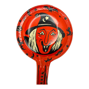 Vintage Halloween Kirchof Tin Pan Clanger with Witch, Bats, Cats, and Stars ~ 1950s at Eerie Emporium. 4