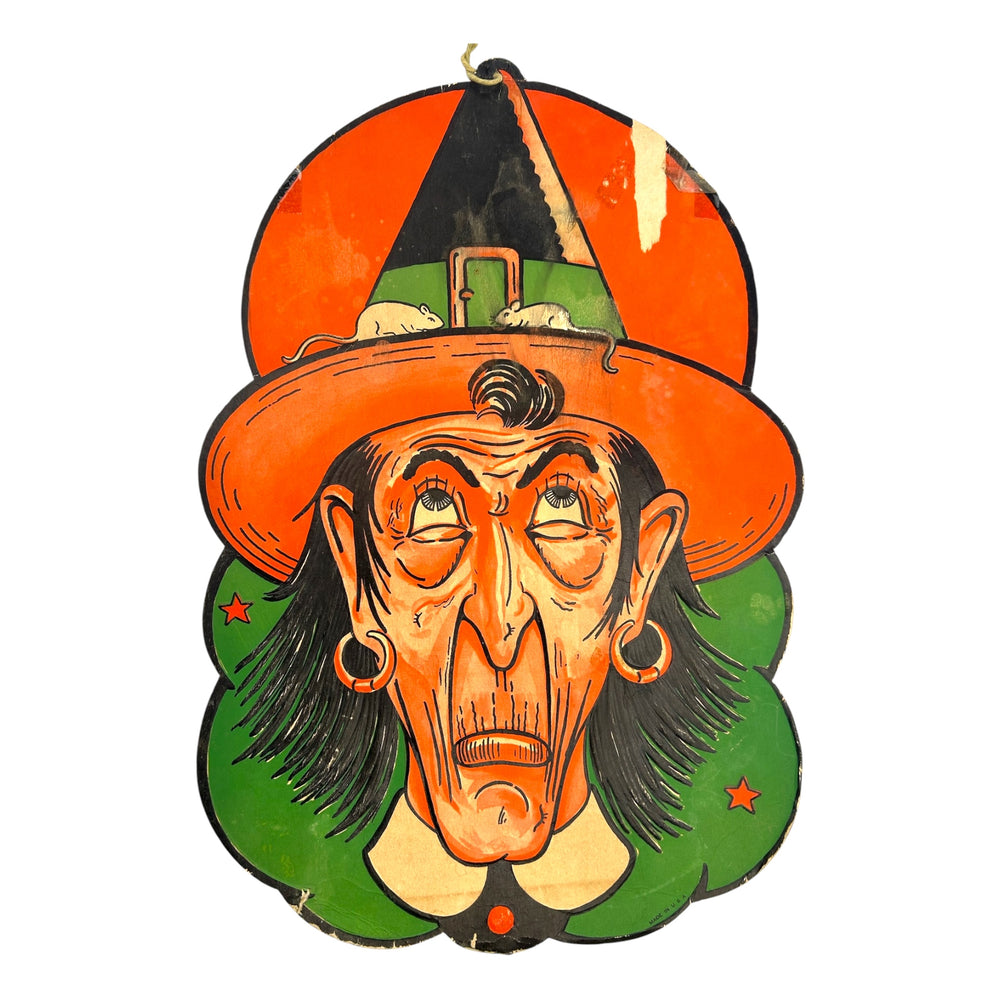 Vintage Halloween Large Beistle Embossed Witch Head with Mice Diecut ~ 1950s/1960s at Eerie Emporium.