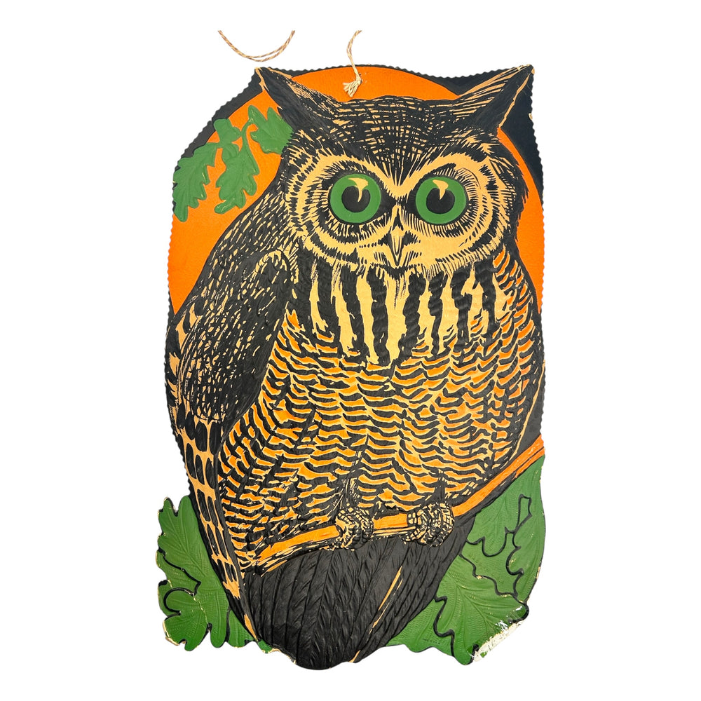 Vintage Halloween Large Beistle Owl Against Moon Heavily Embossed Diecut ~ 1930s at Eerie Emporium. 2