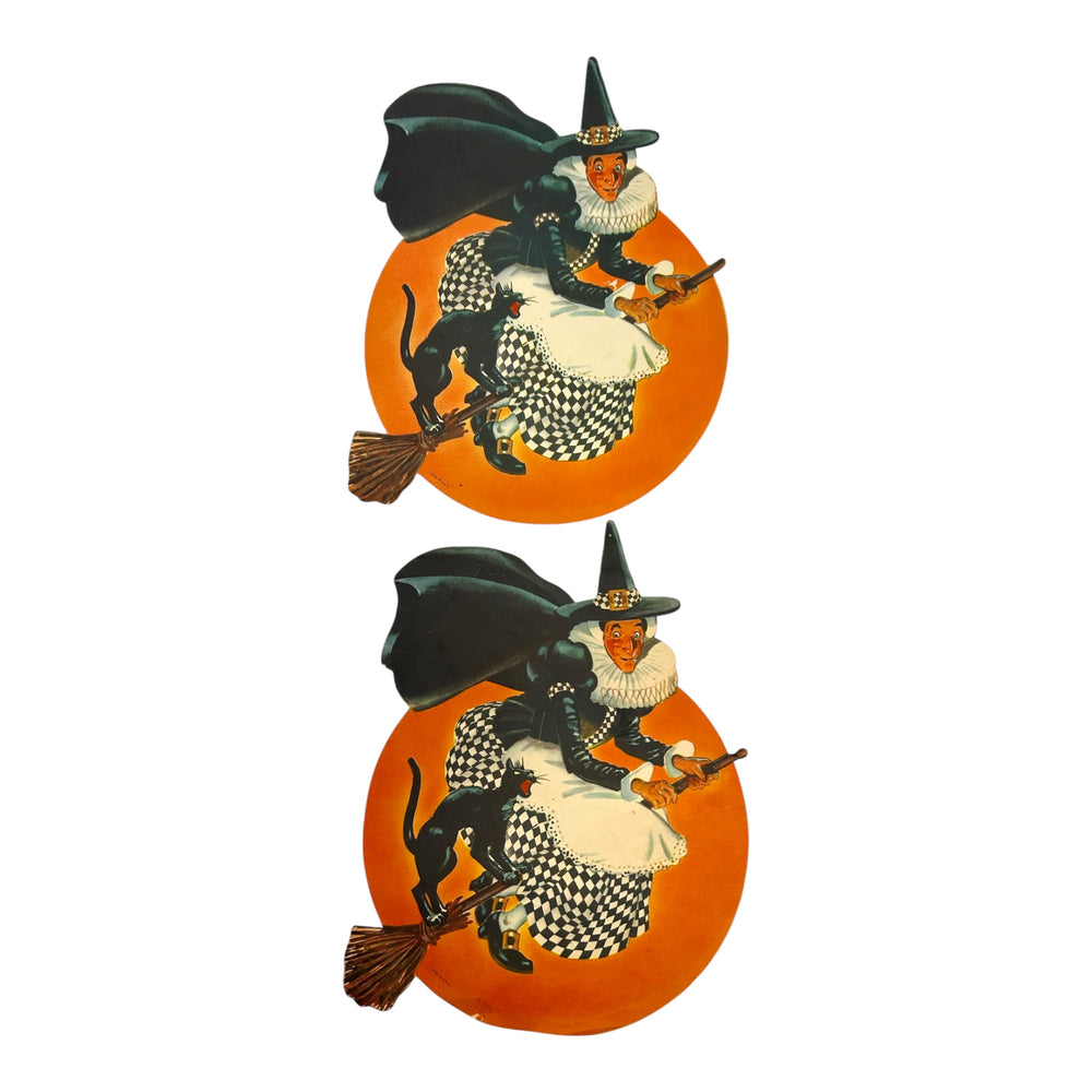 Vintage Halloween Litho Paper Witch on Broom with Black Cat Diecut ~ Set of 2 at Eerie Emporium. 2